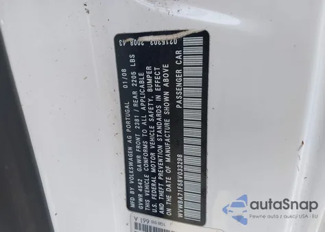 2008 Volkswagen Eos Turbo z USA, uszkodzony, nr VIN WVWBA71F58V033298